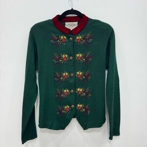Vintage Hand Embroidered Floral Knit Cardigan Sweater Susan Bristol Sz Small